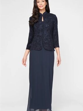 Alex Evenings Womens Long Dress with Mandarin Neckline Jacket